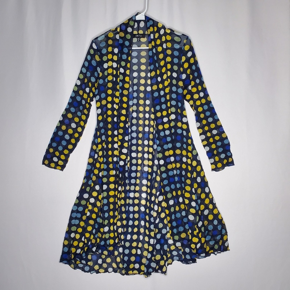 Comfy USA Mesh Cardigan Duster Overlay Womens Medium Blue Yellow Polka Dot Artsy